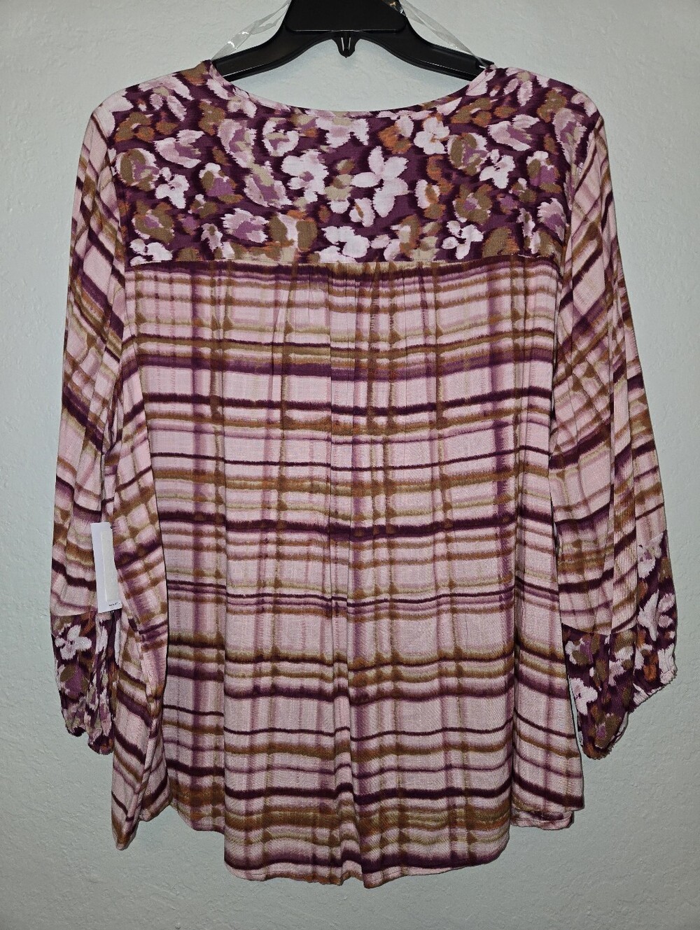 Westbound Pink and Brown Plaid Floral Yoke Tunic Top W/ Tassels NWT - Picture 3 of 3